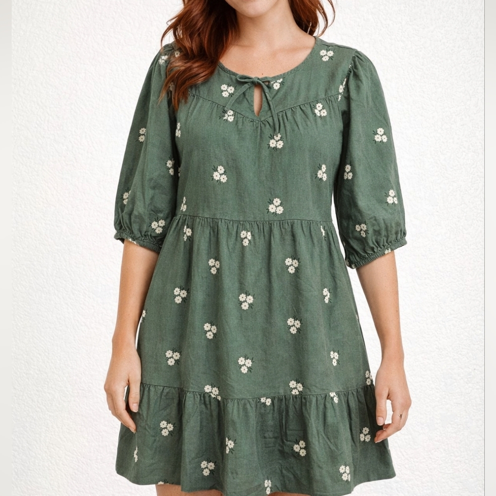 Old Navy Peasant Mini Dress Tunic Green Floral Tiered Ruffle Tie Neck Sz XL Boho